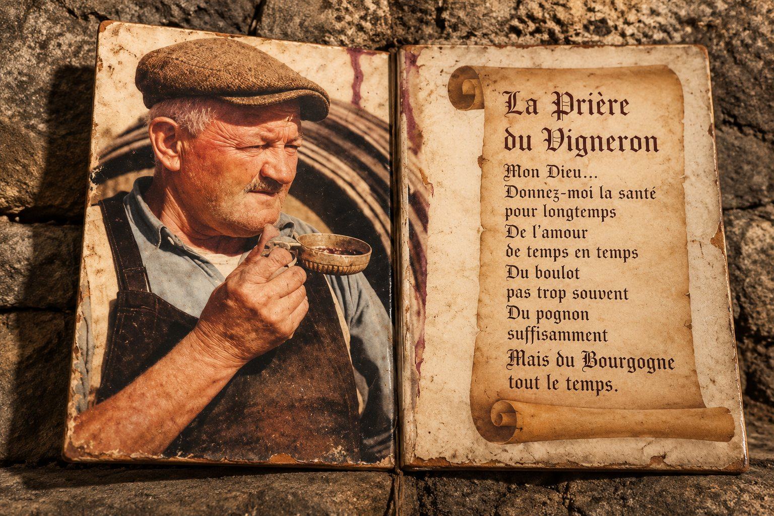La Prière du Vigneron — the winegrower’s prayer — in the cellar of Pascal Mugneret, Vosne-Romanée